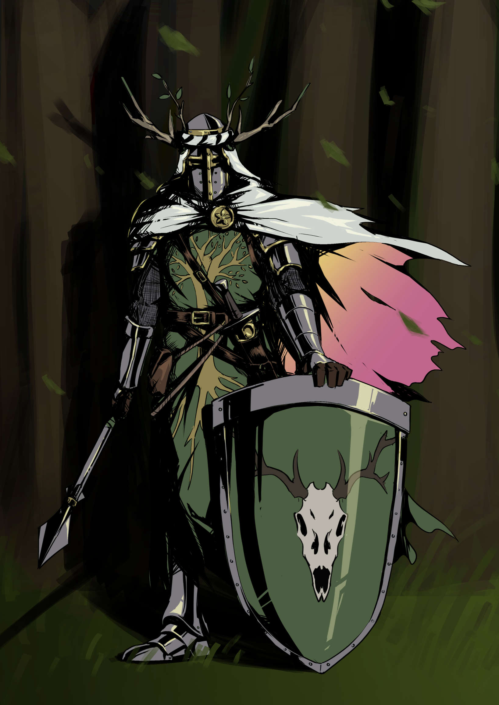 animal_skull, antlers, armor, belt, branch, cape, ceres_fauna, chainmail