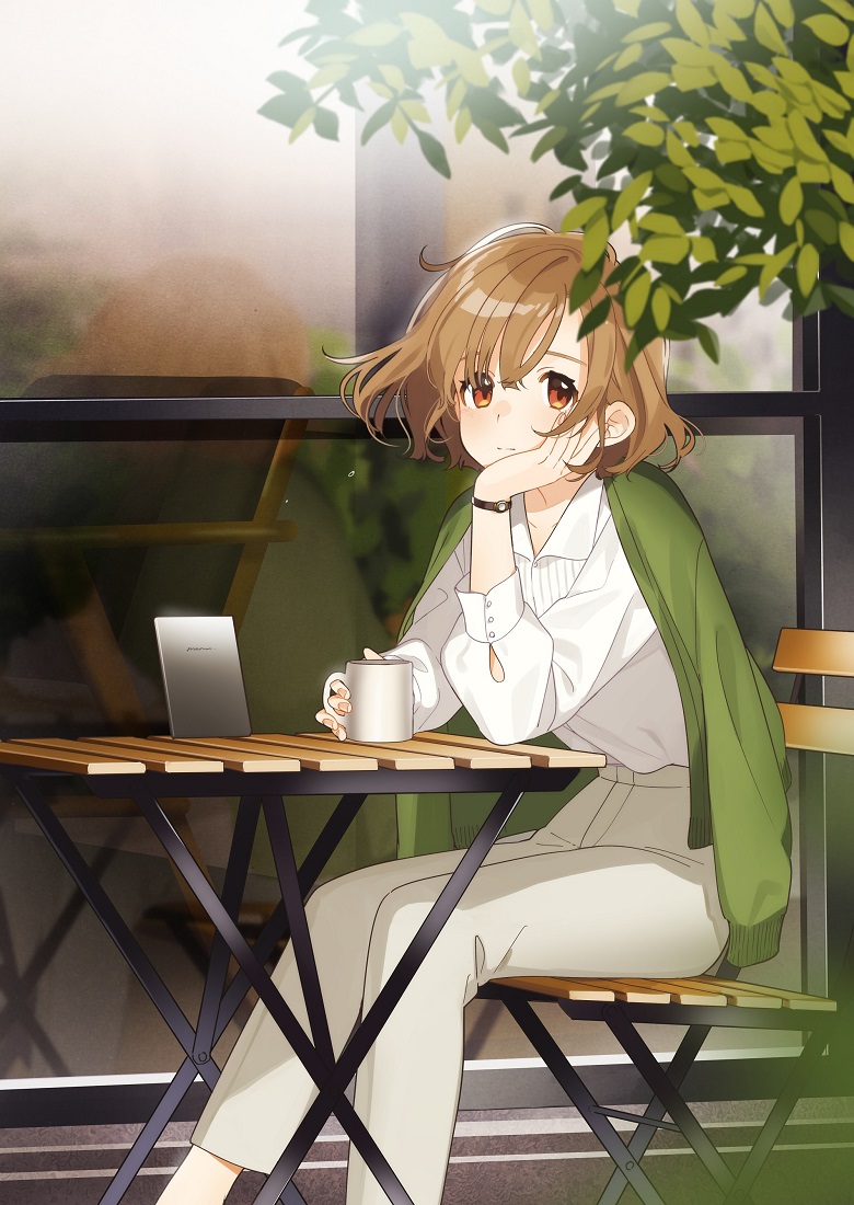 1girl, booota, brown_eyes, brown_hair, chair, collared_shirt, commentary_request, cup