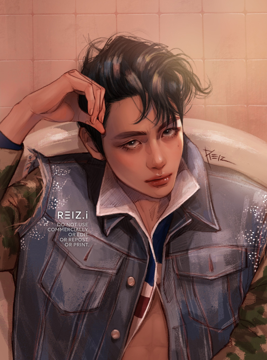 1boy, absurdres, bangtan_boys, black_hair, closed_mouth, collared_jacket, denim, eyeshadow