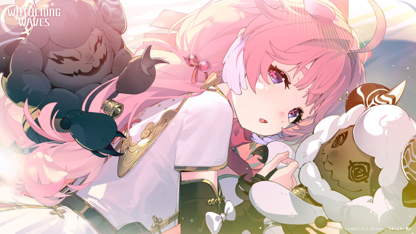 1girl, ahoge, cloudy_(wuthering_waves), commentary, copyright_notice, cosmos_(wuthering_waves), dress, earrings