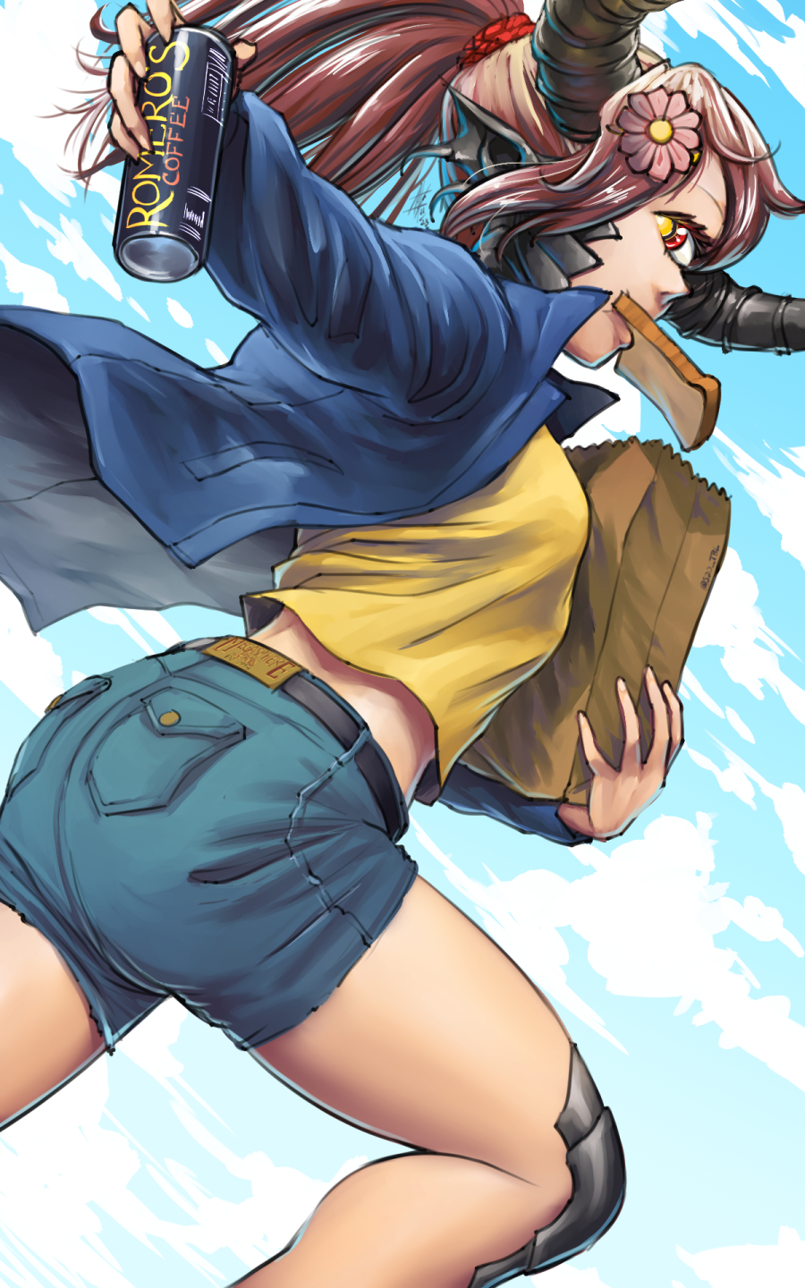 ass, bag, belt, black_horns, blue_jacket, blue_shorts, blue_sky, bread