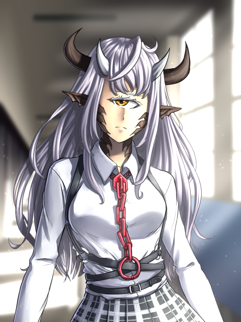 1girl, belt, black_belt, black_horns, black_skirt, blurry, blurry_background, breasts