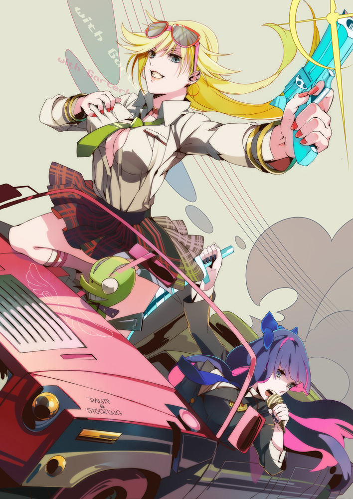 blonde_hair, blue_eyes, breasts, car, chuck, chuck_(psg), cleavage, gun