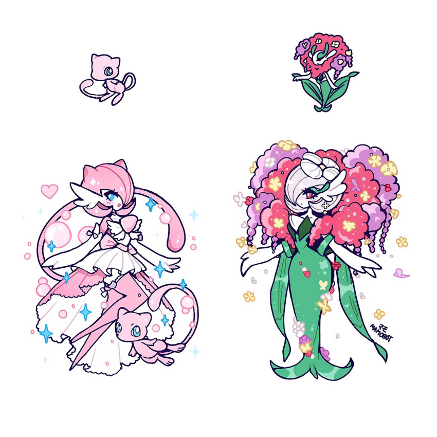blue_eyes, bob_cut, cosplay, dress, elbow_gloves, florges, florges_(cosplay), flower, fusion, gardevoir, gloves, green_dress, hair_flower, hair_ornament, hair_over_one_eye, highres, mamobot, mew, mew_(pokemon), pink_eyes, pink_fur, pink_hair, pink_thighhighs, pokemon, pokemon_(creature), simple_background, sparkle, thigh-highs, two-tone_dress, white_background, white_flower, white_gloves