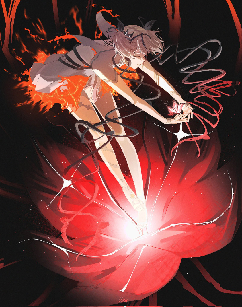 1girl, asymmetrical_clothes, black_background, black_flower, camellya_(wuthering_waves), closed_eyes, dress, flower