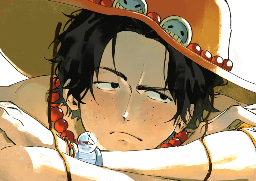 1boy, black_hair, bracelet, c_a_k_e, closed_mouth, freckles, hat, highres
