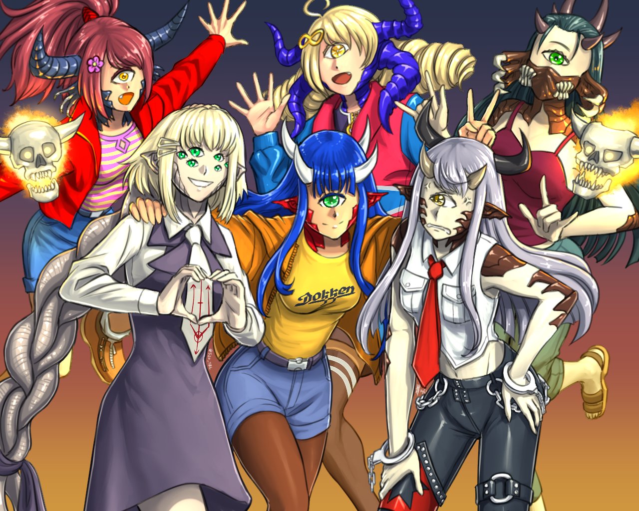 5girls, :d, \m/, ahoge, anger_vein, annotated, birthday, black_hair