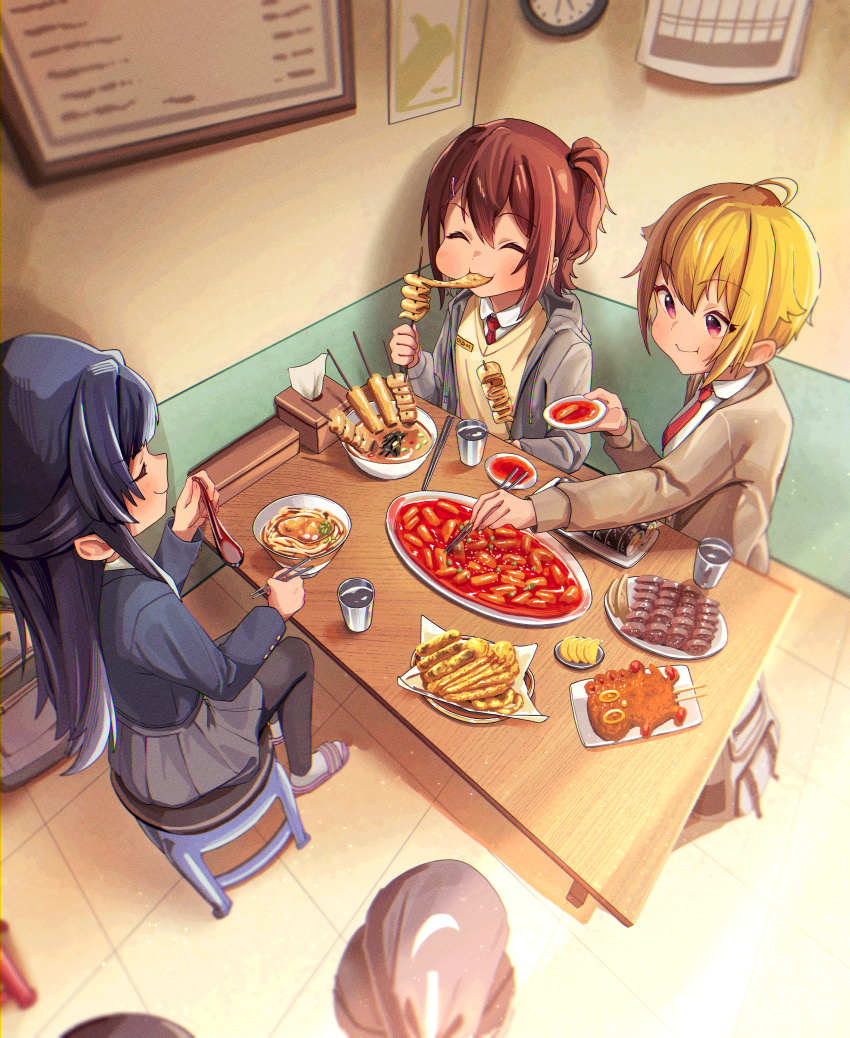 3girls, ^_^, absurdres, ahoge, black_hair, blonde_hair, brown_hair, cabbage_(chlehd2239)