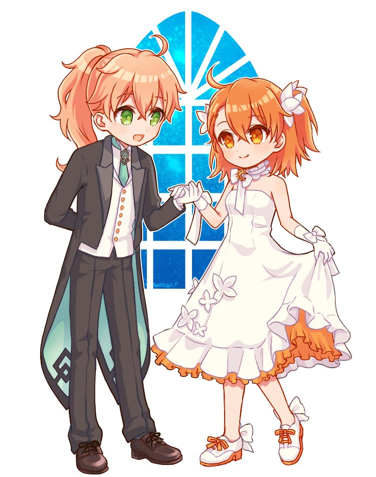 1boy, 1girl, :d, ahoge, alternate_costume, arm_behind_back, artist_name, bare_shoulders, black_coat, black_pants, bow, brown_footwear, chaldea_logo, closed_mouth, coat, coattails, collared_shirt, colored_shoe_soles, commentary_request, couple, deformed, dress, fate/grand_order, fate_(series), flower, footwear_bow, frilled_dress, frills, fujimaru_ritsuka_(female), fujimaru_ritsuka_(female)_(fgo_orchestra), full_body, gloves, green_eyes, green_necktie, hair_between_eyes, hair_flower, hair_ornament, hetero, holding_hands, layered_dress, long_dress, long_hair, looking_at_another, necktie, official_alternate_costume, one_side_up, open_clothes, open_coat, open_mouth, orange_eyes, orange_hair, pants, petticoat, pink_hair, ponytail, romani_archaman, shirt, shoes, simple_background, skirt_hold, smile, standing, strapless, strapless_dress, twitter_username, vest, waka_(owakao_f), white_background, white_bow, white_dress, white_flower, white_footwear, white_gloves, white_shirt, white_vest, window, wing_collar, wrist_bow