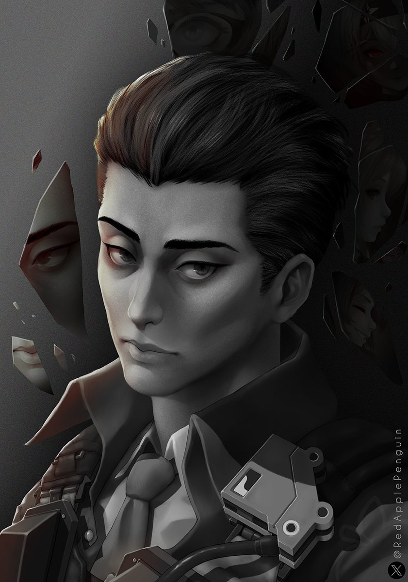 1boy, broken_glass, brown_hair, bulletproof_vest, closed_mouth, glass, goddess_of_victory:_nikke, greyscale