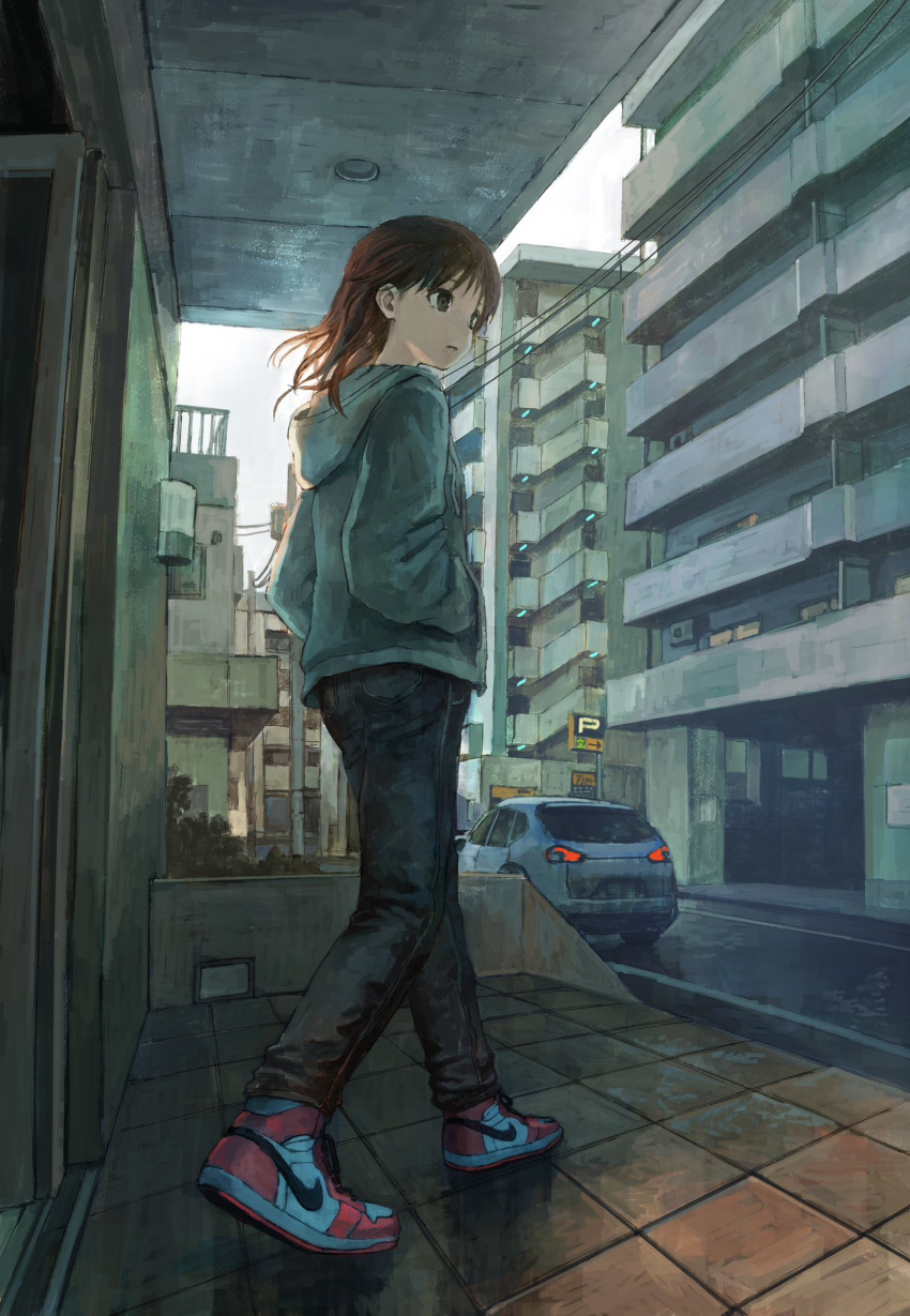 1girl, air_jordan_1, alternate_costume, apartment, black_eyes, black_pants, blue_hoodie, brown_hair