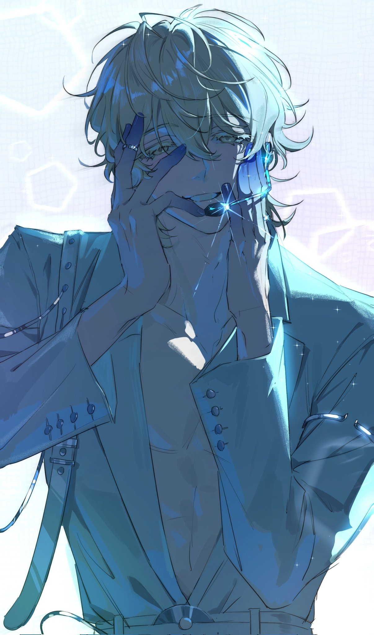 1boy, alien_stage, backlighting, belt, blonde_hair, colored_extremities, colored_eyelashes, corrupted_twitter_file