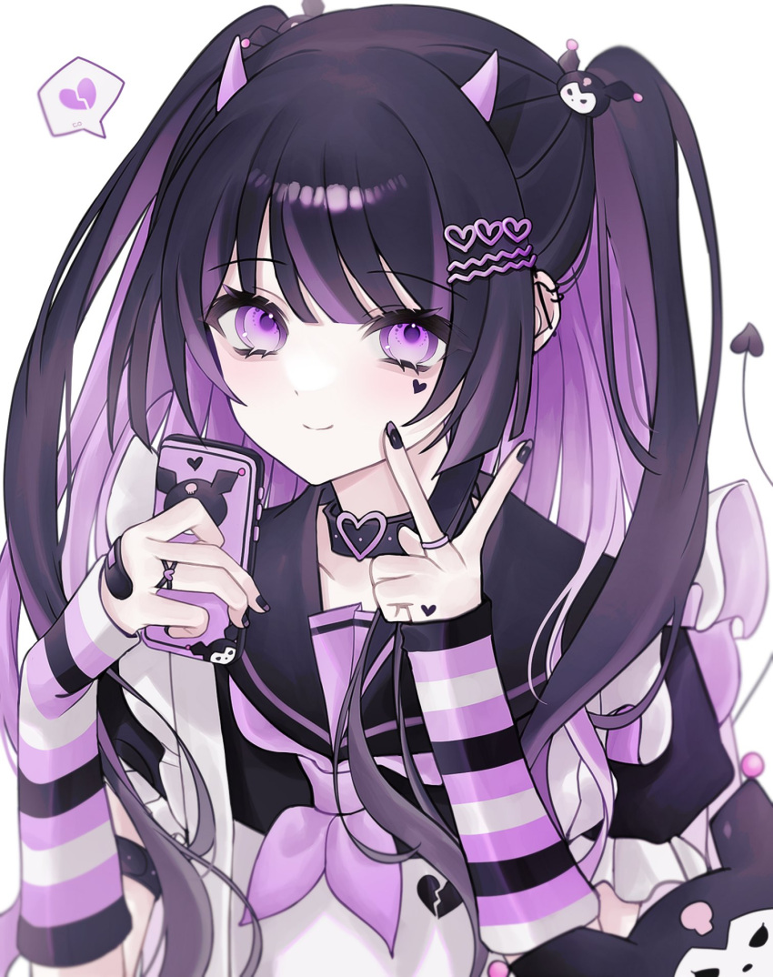 1girl, aegyo_sal, arm_warmers, bandaid, bandaid_on_hand, black_collar, black_hair, black_nails