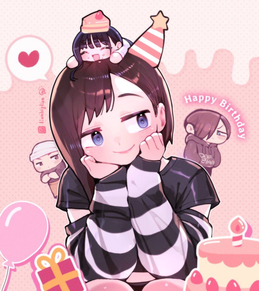 2boys, 2girls, balloon, birthday, birthday_cake, black_hair, black_shirt, blue_eyes