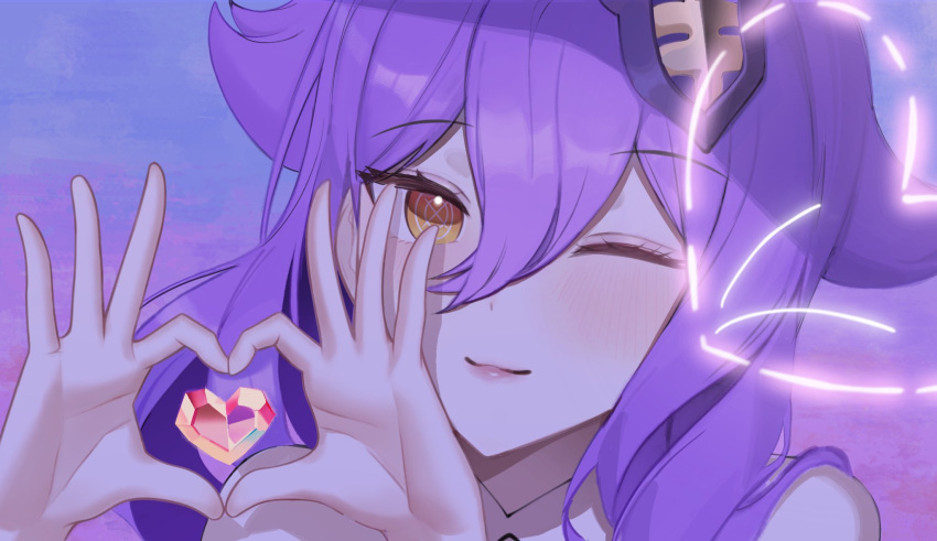 1girl, blue_background, closed_mouth, commentary, hair_between_eyes, heart, heart-shaped_gem, heart_hands, highres, honkai_(series), honkai_impact_3rd, looking_at_viewer, multicolored_background, one_eye_closed, portrait, purple_background, sirin, smile, solo, symbol-shaped_pupils, x-shaped_pupils, yellow_eyes, you_x0o_47