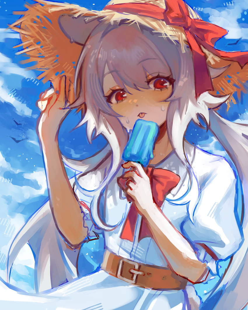 1girl, absurdres, animal_ears, belt, blue_sky, bow, bowtie, brown_belt