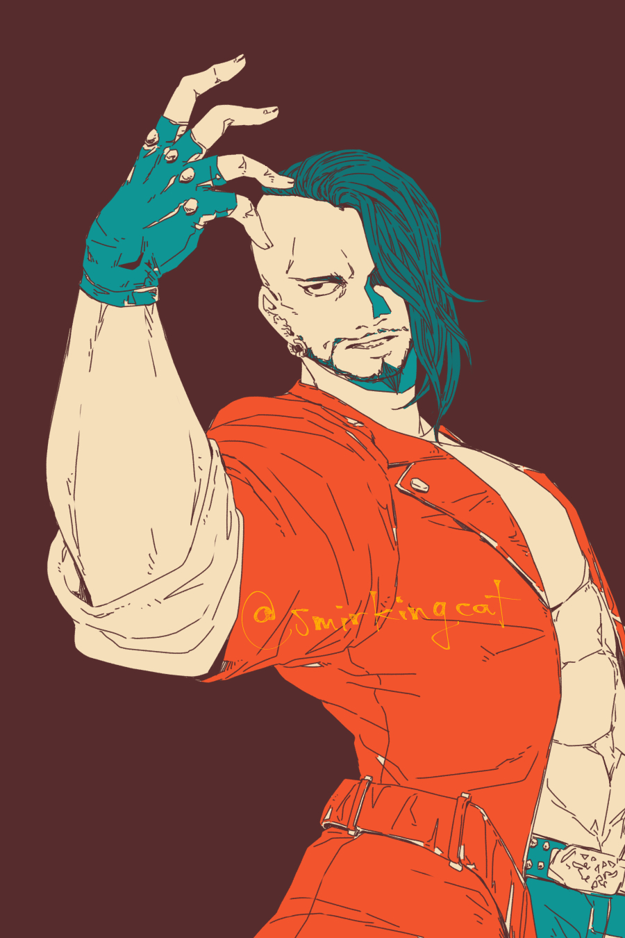 1boy, abs, akatsuki_blitzkampf, coat, dark_background, earrings, exposed_muscle, facial_hair