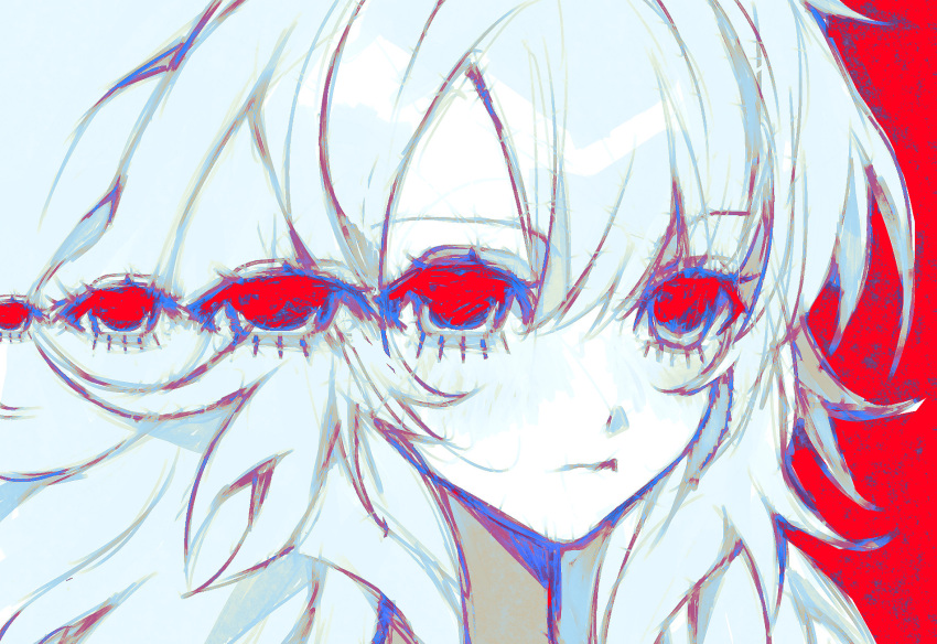 1girl, empty_eyes, extra_eyes, faust_(nonsensemanna), highres, limited_palette, long_hair, looking_to_the_side