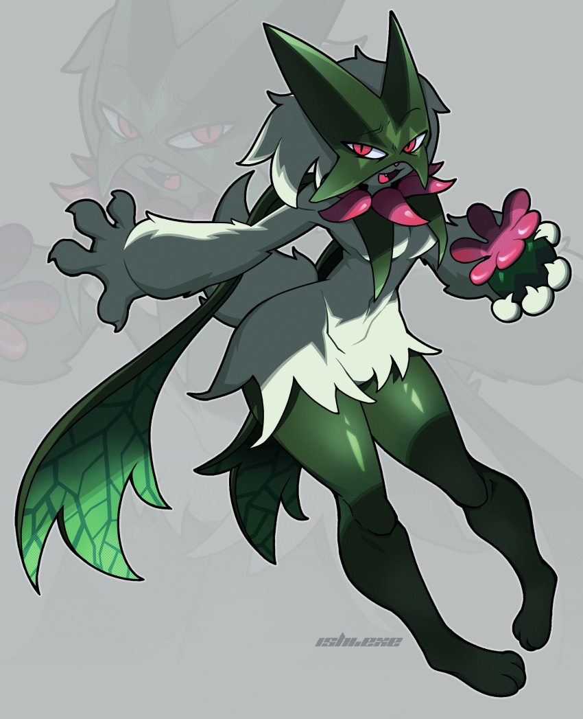 absurdres, artist_name, green_fur, grey_background, highres, ishiexe, looking_at_viewer, mask