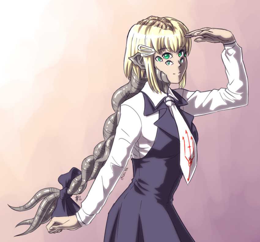 1girl, black_dress, black_ribbon, blonde_hair, braid, cacodemon, closed_mouth, collared_shirt