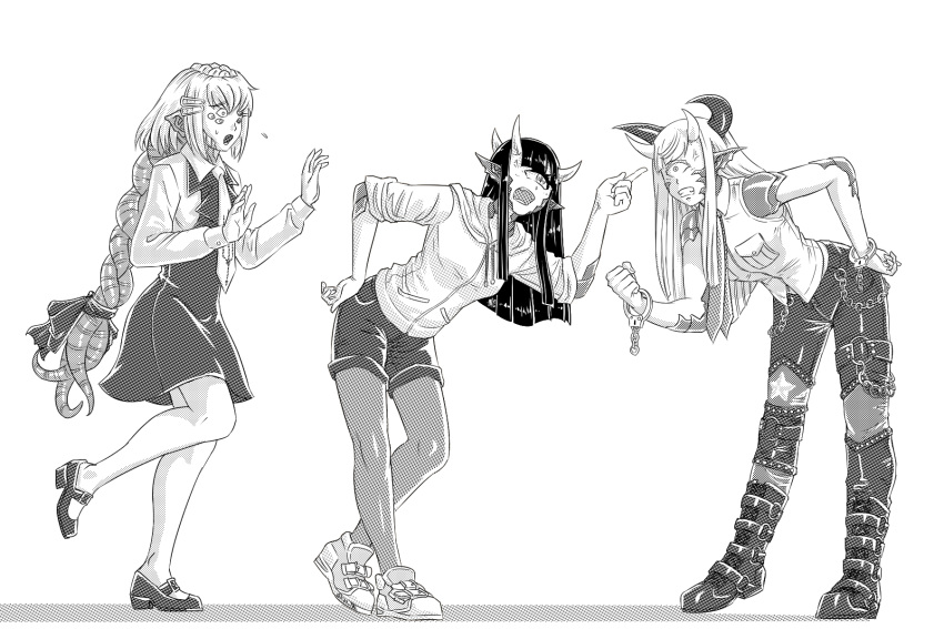 3girls, anger_vein, belt_boots, blunt_ends, boots, braid, breasts, broken_handcuffs