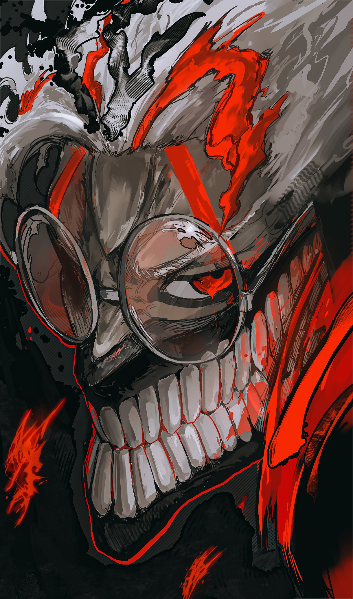 1boy, alternate_form, altoeam, black_background, clenched_teeth, colored_skin, dandadan, english_commentary