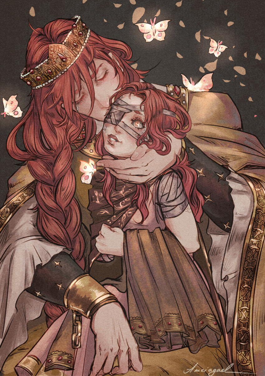 1boy, 1girl, amputee, amriagael, bandage_over_one_eye, bandaged_arm, bandages, black_sleeves