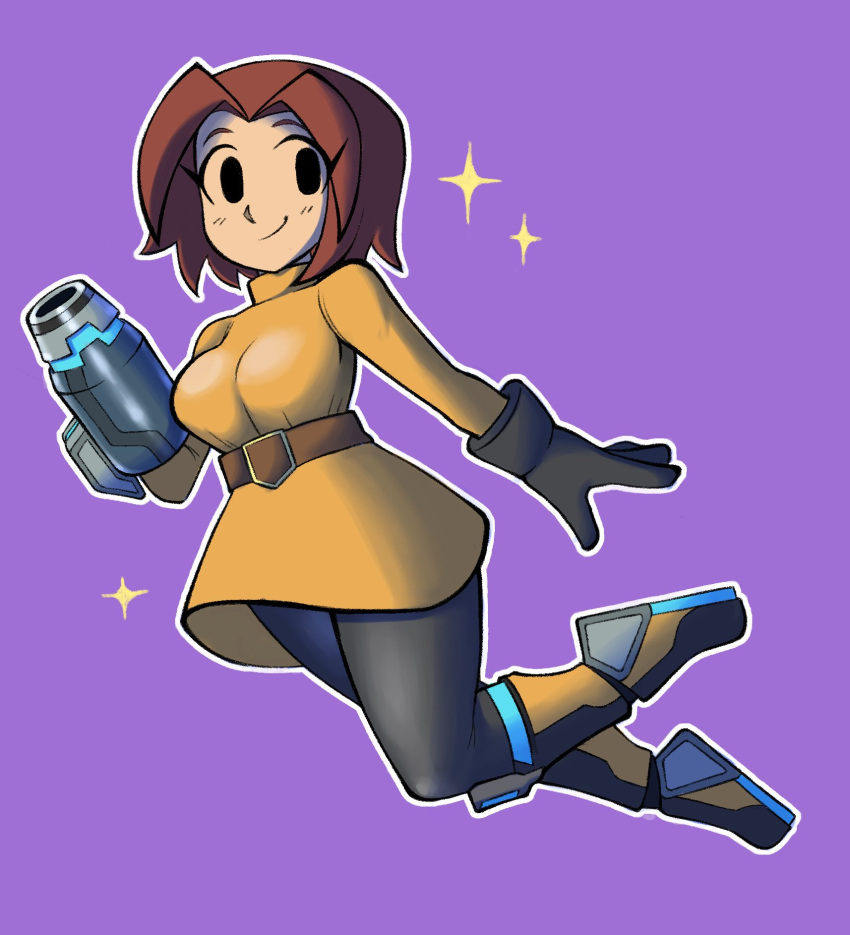 1girl, arm_cannon, belt, belt_buckle, black_eyes, black_gloves, black_leggings, boots, breasts, brown_belt, brown_gloves, brown_hair, buckle, closed_mouth, dress, dynobutt, eyes_visible_through_hair, floating, gloves, gun, hand_up, highres, holding, holding_weapon, jumping, knee_boots, large_breasts, leggings, legs_together, long_sleeves, looking_at_viewer, mechanical_arms, mii_(nintendo), mii_gunner, mii_gunner_(smash_4), nintendo, orange_sweater, pantyhose, parted_bangs, short_dress, short_hair, smile, solo, sparkle, split_mouth, super_smash_bros., sweater, turtleneck, weapon