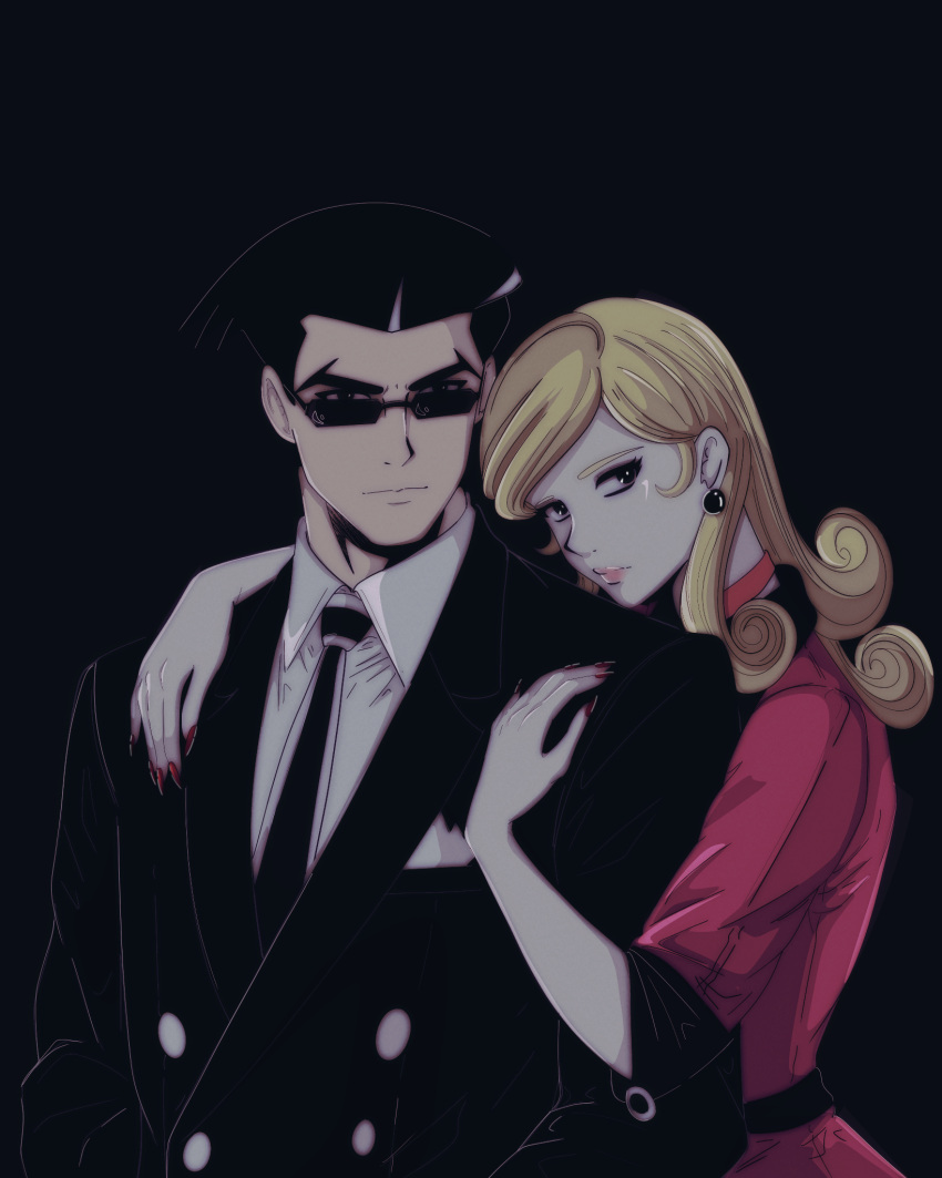 1boy, 1girl, angel_(big_o), black_background, black_eyes, black_hair, black_jacket, black_necktie