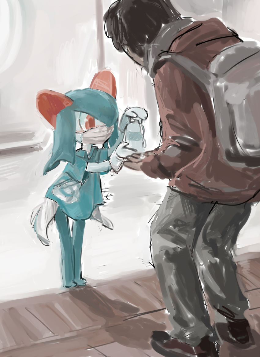 1boy, absurdres, alternate_color, backpack, bag, black_hair, blue_hair, blue_shirt, blue_skin, clothed_pokemon, colored_skin, gloves, hair_over_one_eye, highres, horns, jacket, kirlia, mask, mouth_mask, multicolored_skin, orange_eyes, pants, pero_(sabuaka_bacon), pokemon, pokemon_(creature), shiny_pokemon, shirt, sidelocks, two-tone_skin, white_skin