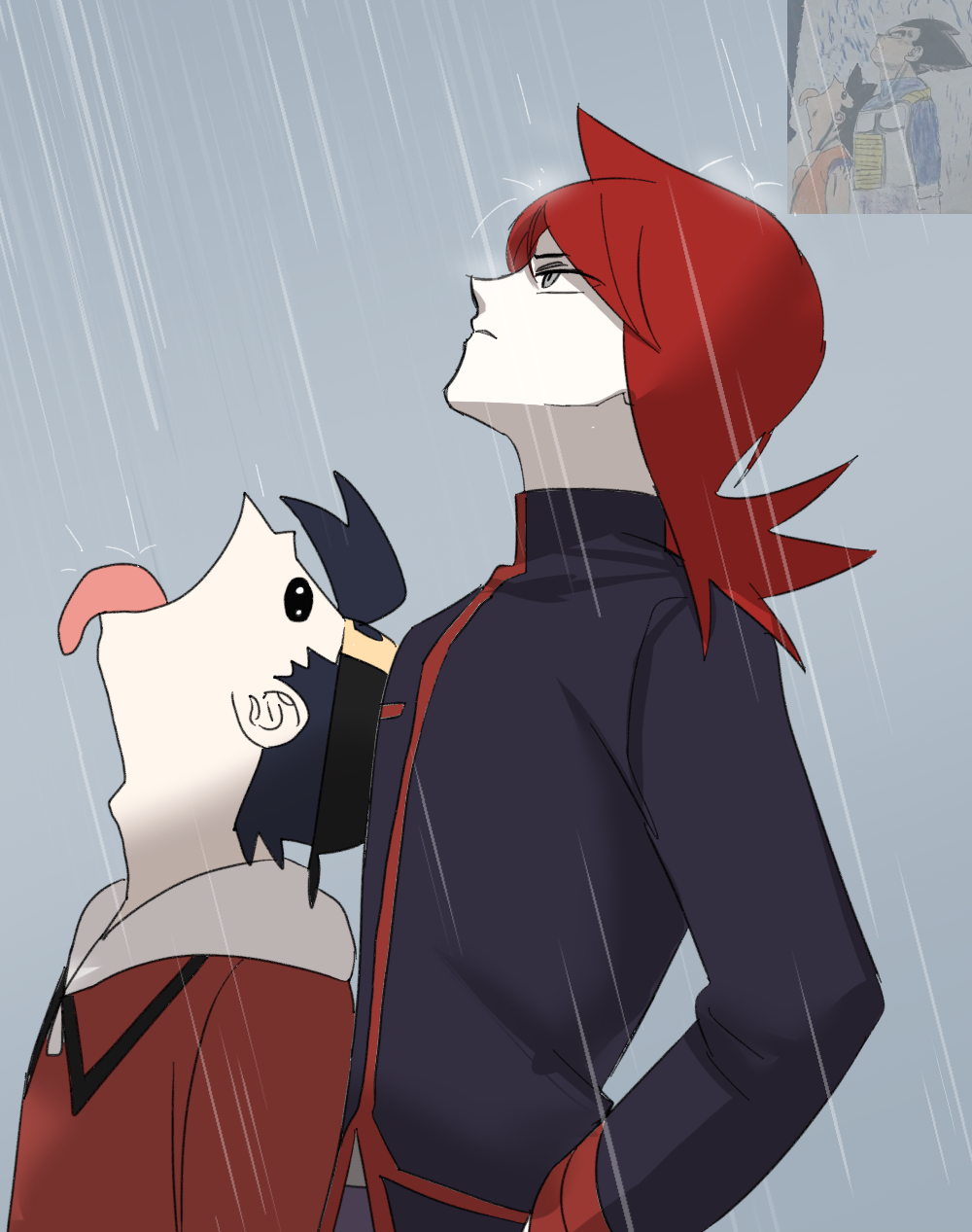 4boys, black_eyes, black_hair, black_jacket, dragon_ball, drinking, ethan_(pokemon), goku_and_vegeta_in_the_rain_(meme), gugab_(k_kkuba_), highres, jacket, long_hair, looking_up, male_focus, meme, multiple_boys, open_mouth, pokemon, pokemon_hgss, rain, red_background, redhead, silver_(pokemon), son_goku, tongue, tongue_out, vegeta