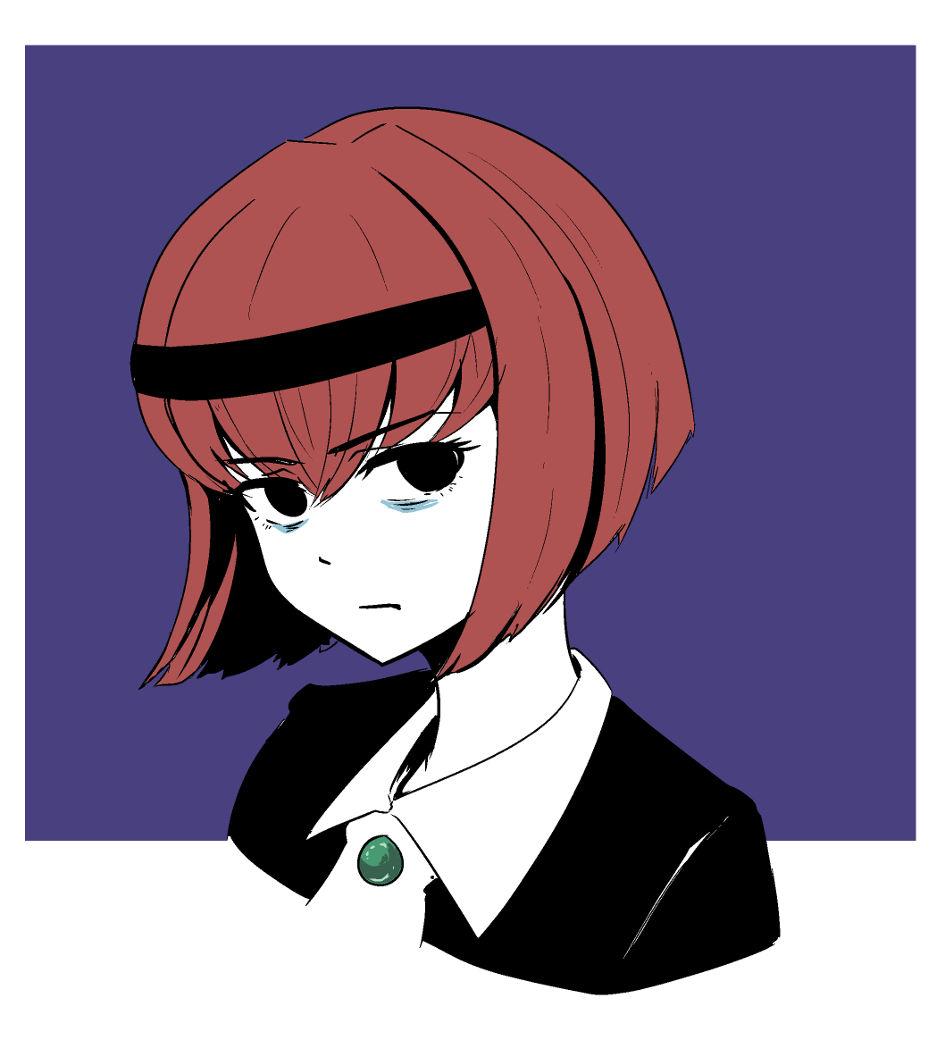 1girl, bags_under_eyes, black_eyes, black_hairband, black_shirt, blue_background, border, brooch, closed_mouth, cropped_torso, disgust, eyelashes, ghostjeepshara, hairband, jewelry, looking_at_viewer, r_dorothy_wayneright, redhead, shirt, short_hair, solo, the_big_o, white_border