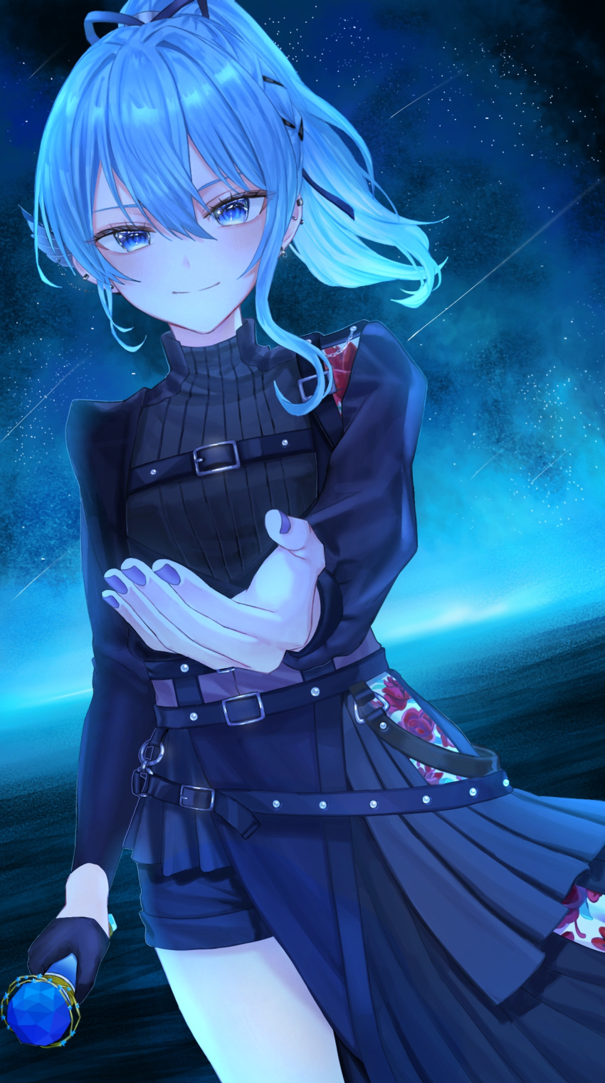 1girl, asymmetrical_sleeves, belt, belt_buckle, black_shorts, blue_eyes, blue_hair, bow, buckle, chest_harness, double-parted_bangs, ear_piercing, gloves, hair_bow, harness, high_ponytail, highres, holding, holding_microphone, hololive, hoshimachi_suisei, hoshimachi_suisei_(shout_in_crisis), layered_skirt, long_sleeves, microphone, mismatched_sleeves, multiple_belts, nananatu_1218, offering_hand_to_another, official_alternate_costume, overskirt, petal_print, piercing, shorts, single_glove, skirt, sky, solo, star_(sky), starry_sky, turtleneck, virtual_youtuber, wing_hair_ornament