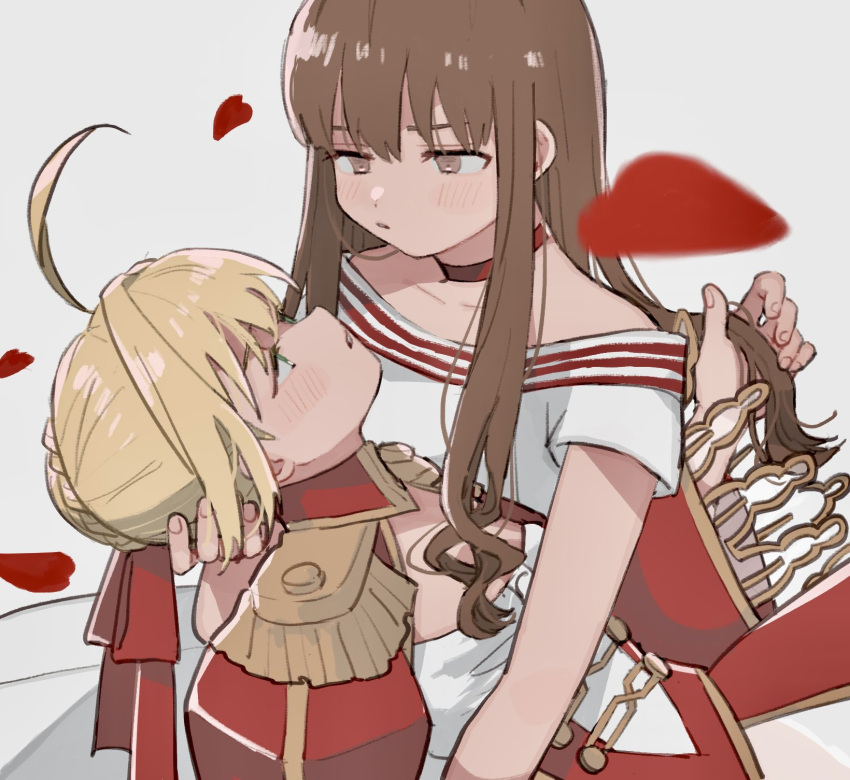 2girls, ahoge, blonde_hair, blurry, braid, braided_bun, brown_eyes, brown_hair