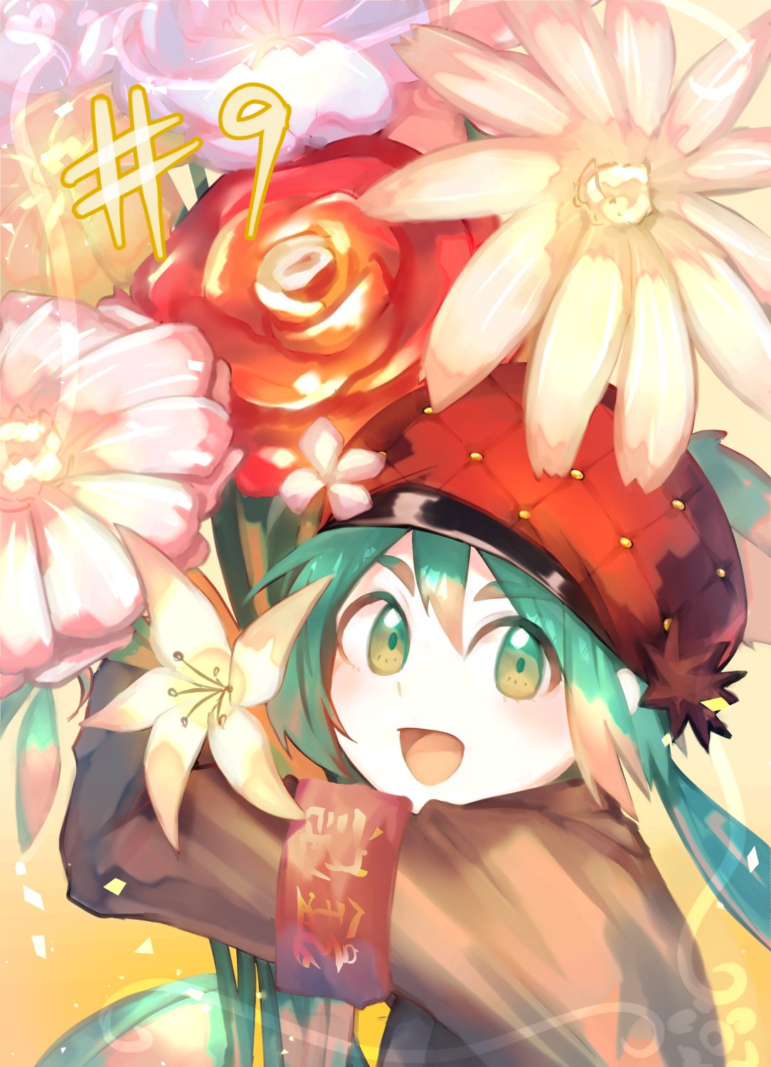 1girl, aqua_eyes, flower, green_hair, hat, highres, holding, kumugi_(madan_no_ichi)