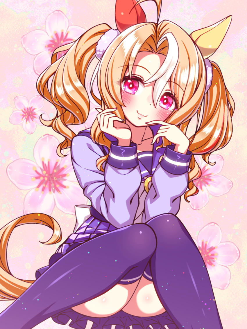 1girl, ahoge, animal_ears, blonde_hair, blush, collarbone, floral_background, fusaichi_pandora_(umamusme), hair_between_eyes, hair_ornament, highres, horse_ears, horse_girl, horse_tail, long_hair, looking_at_viewer, red_eyes, school_uniform, short_twintails, smile, solo, sugimotty_nova, tail, thigh-highs, tracen_school_uniform, twintails, umamusume