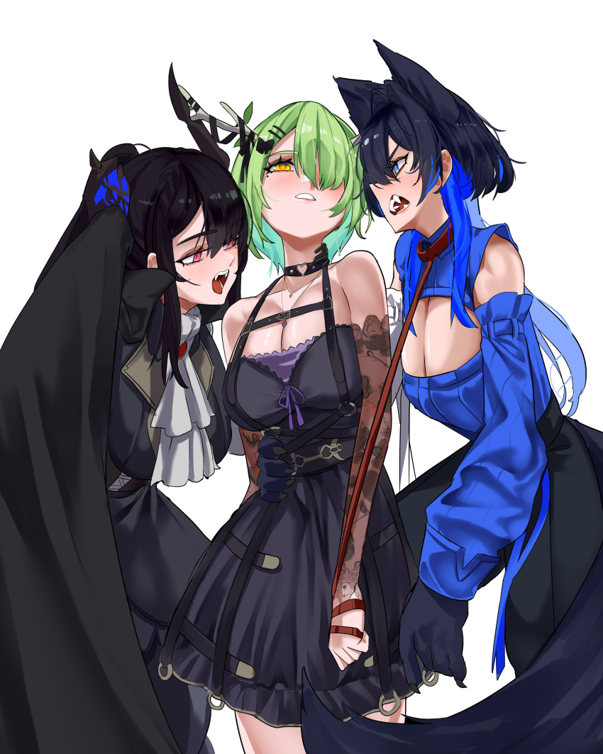 3girls, absurdres, antlers, asymmetrical_horns, black_choker, black_dress, black_hair, blood