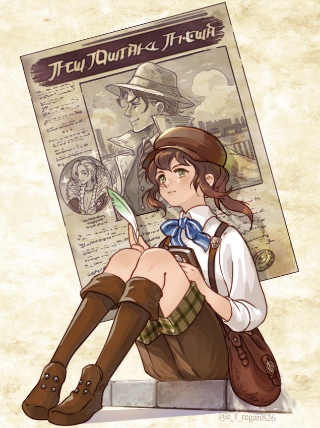 1girl, bag, boots, brown_bag, brown_footwear, brown_hair, brown_hat, brown_shorts, character_request, collared_shirt, commentary_request, green_eyes, hat, holding, holding_quill, knee_boots, newspaper, octopath_traveler, octopath_traveler_ii, partitio_yellowil, quill, regan_(hatsumi), shirt, shorts, shoulder_bag, sitting, white_shirt
