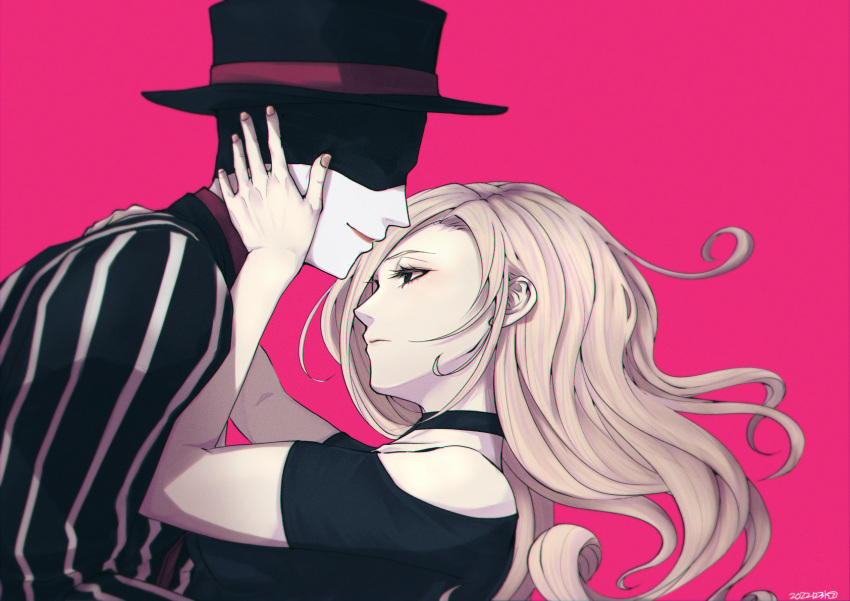 1boy, 1girl, alan_gabriel, angel_(big_o), atgrbread, black_choker, black_eyes, black_hat