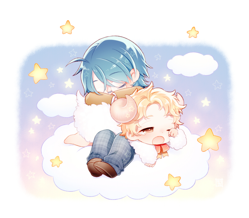 2boys, ahoge, akutagawa_jirou, blue_hair, border, brown_eyes, brown_footwear, brown_jacket