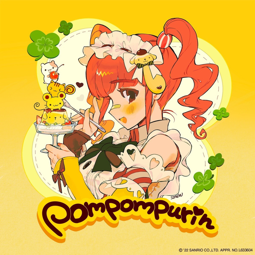 >_<, 1girl, :d, apron, arm_garter, artist_name, asymmetrical_sleeves, bagel_(sanrio), bandaid, bandaid_on_face, bandaid_on_nose, blunt_bangs, blush, bow, bowtie, brown_bow, brown_eyes, brown_sleeves, character_hair_ornament, character_name, cherry, closed_mouth, clover, collared_shirt, commentary, copyright_notice, cup, dessert, detached_sleeves, dotted_line, english_commentary, food, four-leaf_clover, frilled_apron, frilled_hairband, frills, from_side, fruit, gradient_background, green_bow, green_bowtie, green_nails, grey_shirt, hair_ornament, hairband, heart, highres, holding, holding_cup, holding_food, holding_fruit, holding_spoon, long_sleeves, looking_at_viewer, mismatched_sleeves, muffin_(sanrio), nail_polish, official_art, open_mouth, orange_hair, pompompurin, portrait, pudding, red_shirt, sanrio, scone_(sanrio), shirt, short_twintails, sidelocks, signature, smile, solo, soreeyu_(sore-yu), spoon, strawberry, twintails, white_apron, white_hairband, yellow_background, yellow_sleeves