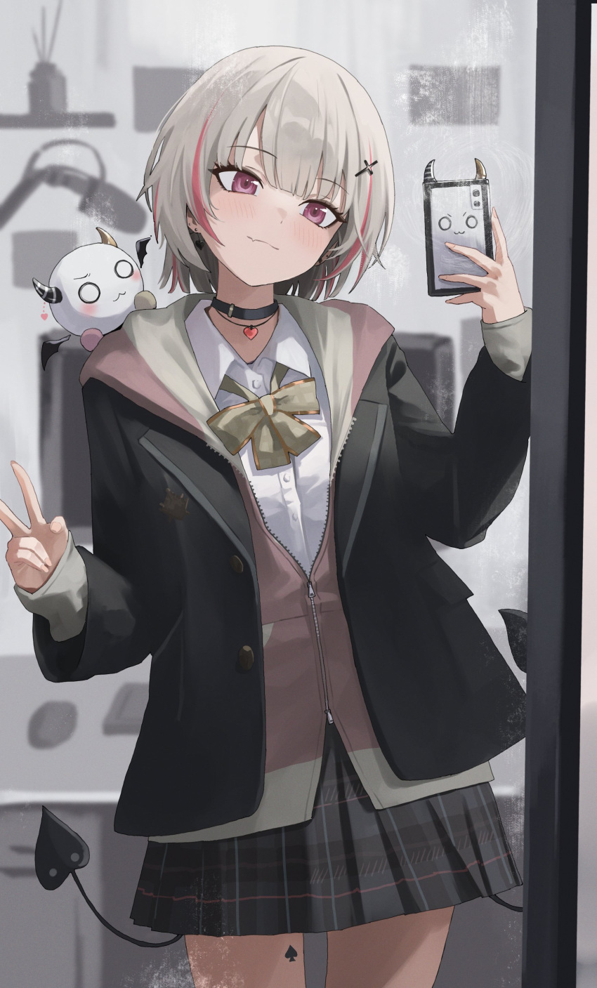 1girl, absurdres, art_mu, asumi_sena, black_jacket, bow, bowtie, cellphone
