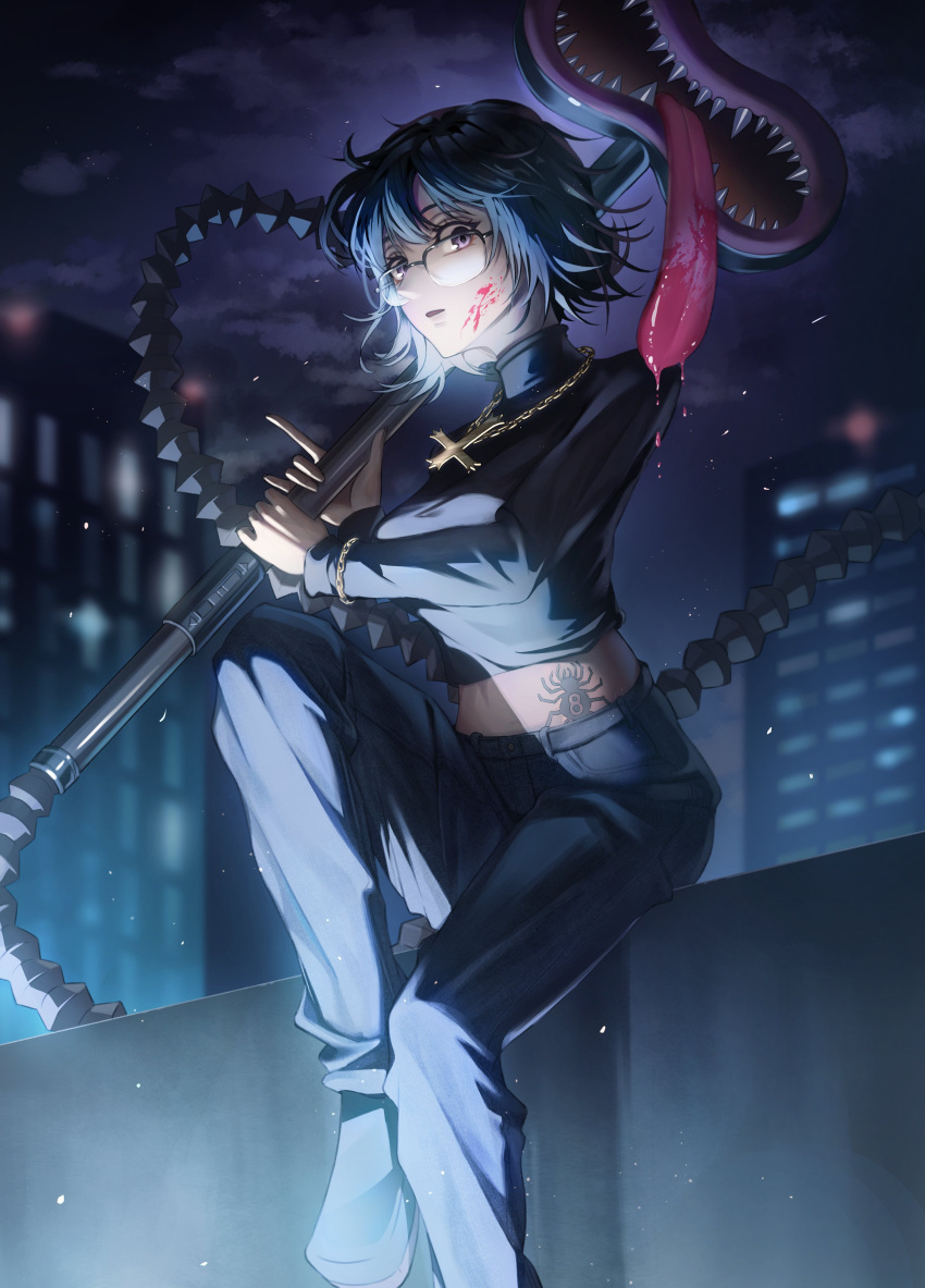 absurdres, black-framed_eyewear, black_sweater, blinky_(hunter_x_hunter), blood, blood_on_face, bug, cityscape
