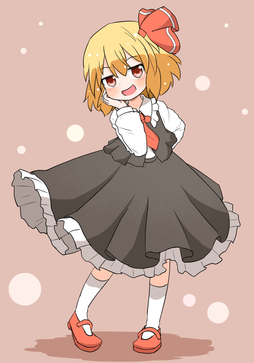 1girl, :d, ascot, black_skirt, black_vest, blonde_hair, blush, commentary_request