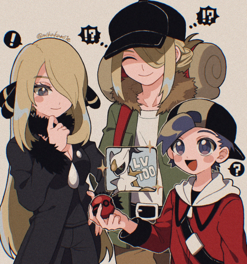 !, 1girl, 2boys, :d, ?, arceus, backwards_hat, bag