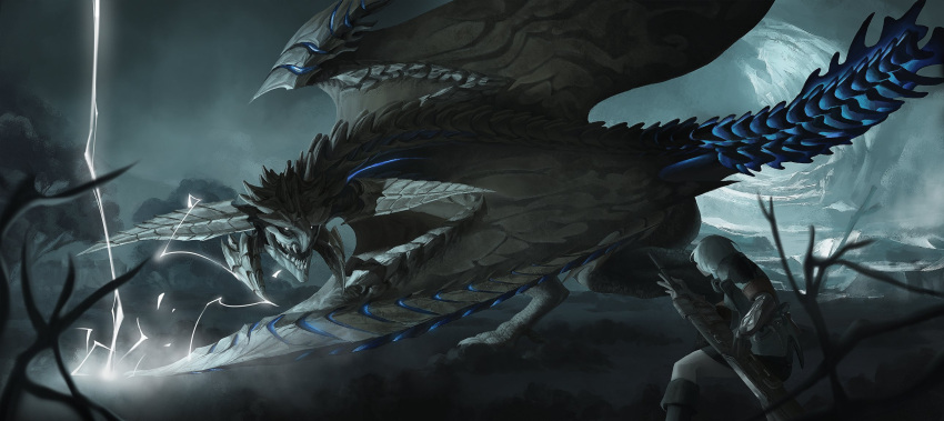 1girl, commentary, dragon, english_commentary, fighting_stance, highres, holding, holding_sword