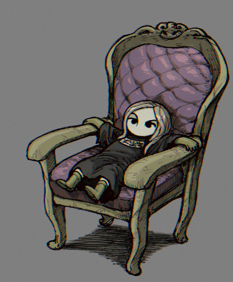 1boy, black_robe, boots, brown_footwear, brown_gloves, chair, deformed, enki_(fear_&amp;_hunger)