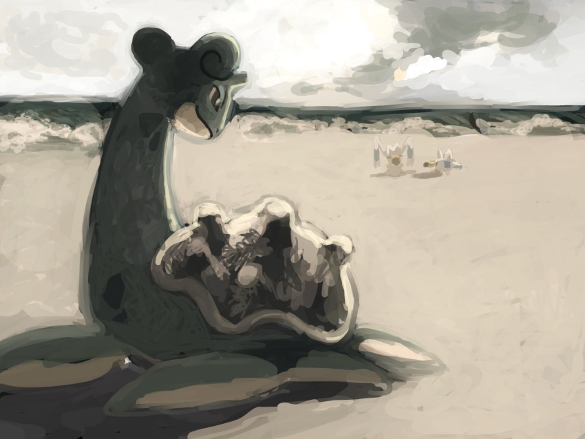 beach, grey_sky, highres, kfkgot7ig2r5265, lapras, looking_at_another, no_humans, pokemon