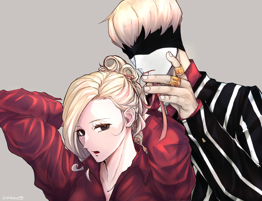 1boy, 1girl, alan_gabriel, angel_(big_o), atgrbread, black_eyes, black_mask, blonde_hair