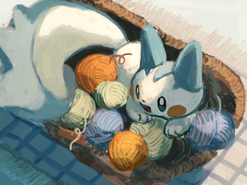 animal_focus, basket, highres, kfkgot7ig2r5265, no_humans, open_mouth, pachirisu, pokemon, pokemon_(creature), pokemon_focus, solo, tile_floor, tiles, yarn, yarn_ball